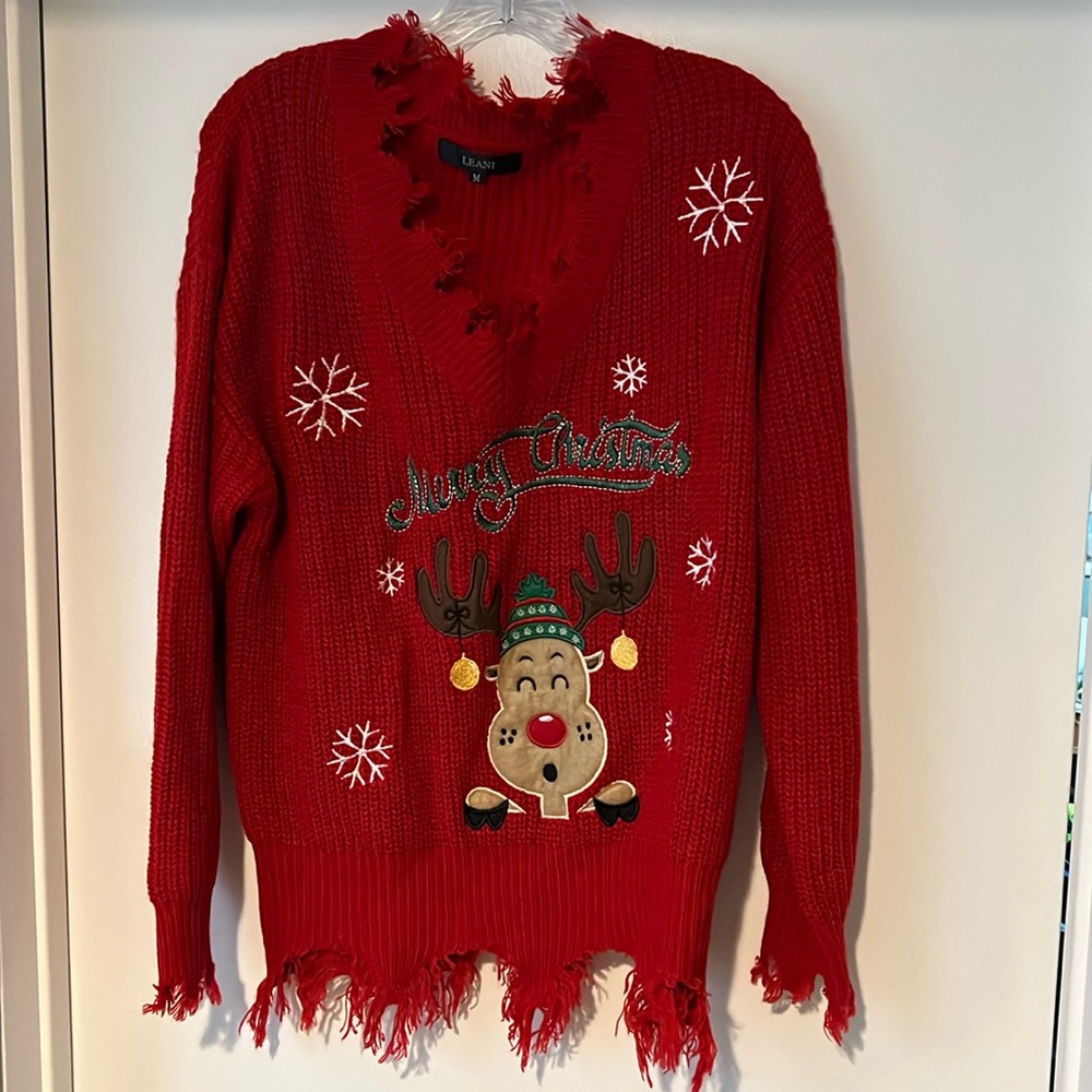 Leani Red Christmas Holiday Party Sweater Size Medium Fringed Edge